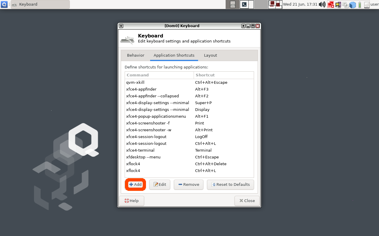 Screenshot of QubesOS Keyboard Settings Window that shows the + Add button highlightedalt