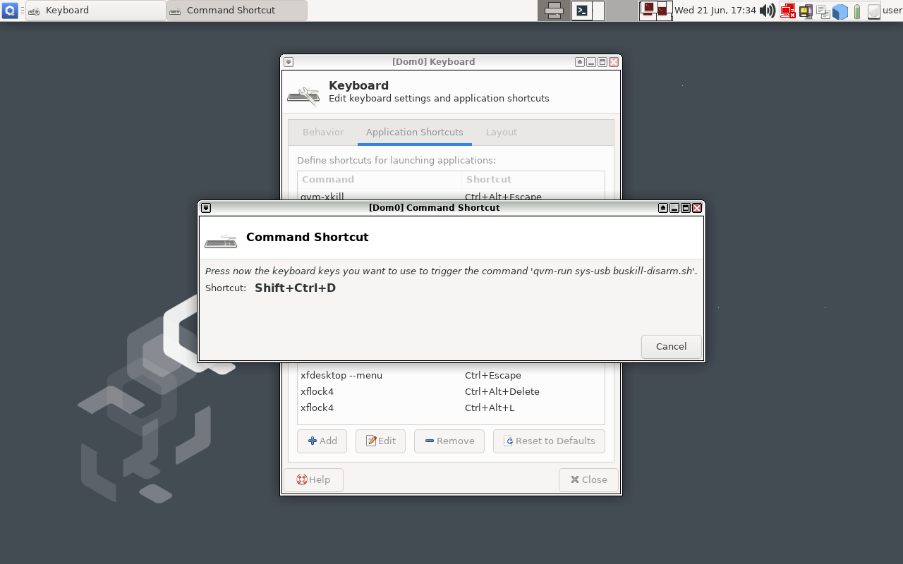 Screenshot of QubesOS Keyboard Settings Window that shows the selected Shortcut Shift+Ctrl+D